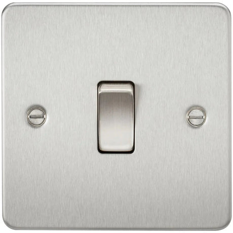 A stainless steel light switch with a single toggle in the center, mounted on a square plate with two visible screws.