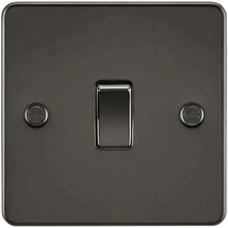 A dark-colored light switch with a square plate and a central toggle. Two visible screws on the plates sides. The switch appears sleek and modern, mounted on a flat surface.