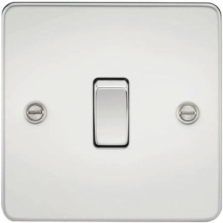 A silver light switch on a matching metallic plate with two visible screws on either side.