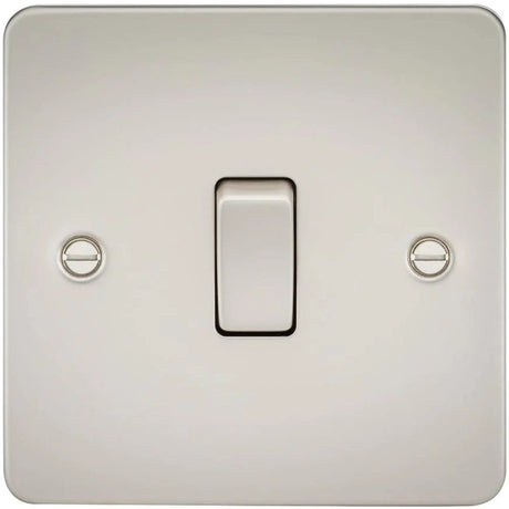 A beige light switch mounted on a square metal plate with two screws. The switch is in the centered position, and the plate has a smooth, matte finish.