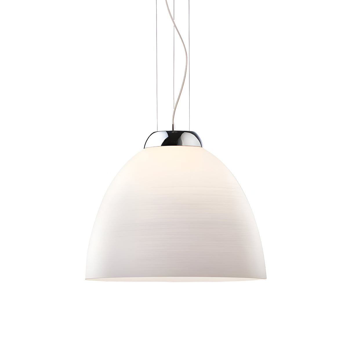 The Archer 1 Light Pendant - White features a sleek, contemporary design with its smooth white dome-shaped shade and metallic top. It is elegantly suspended by thin wires against a plain white background, embodying simplicity and style.