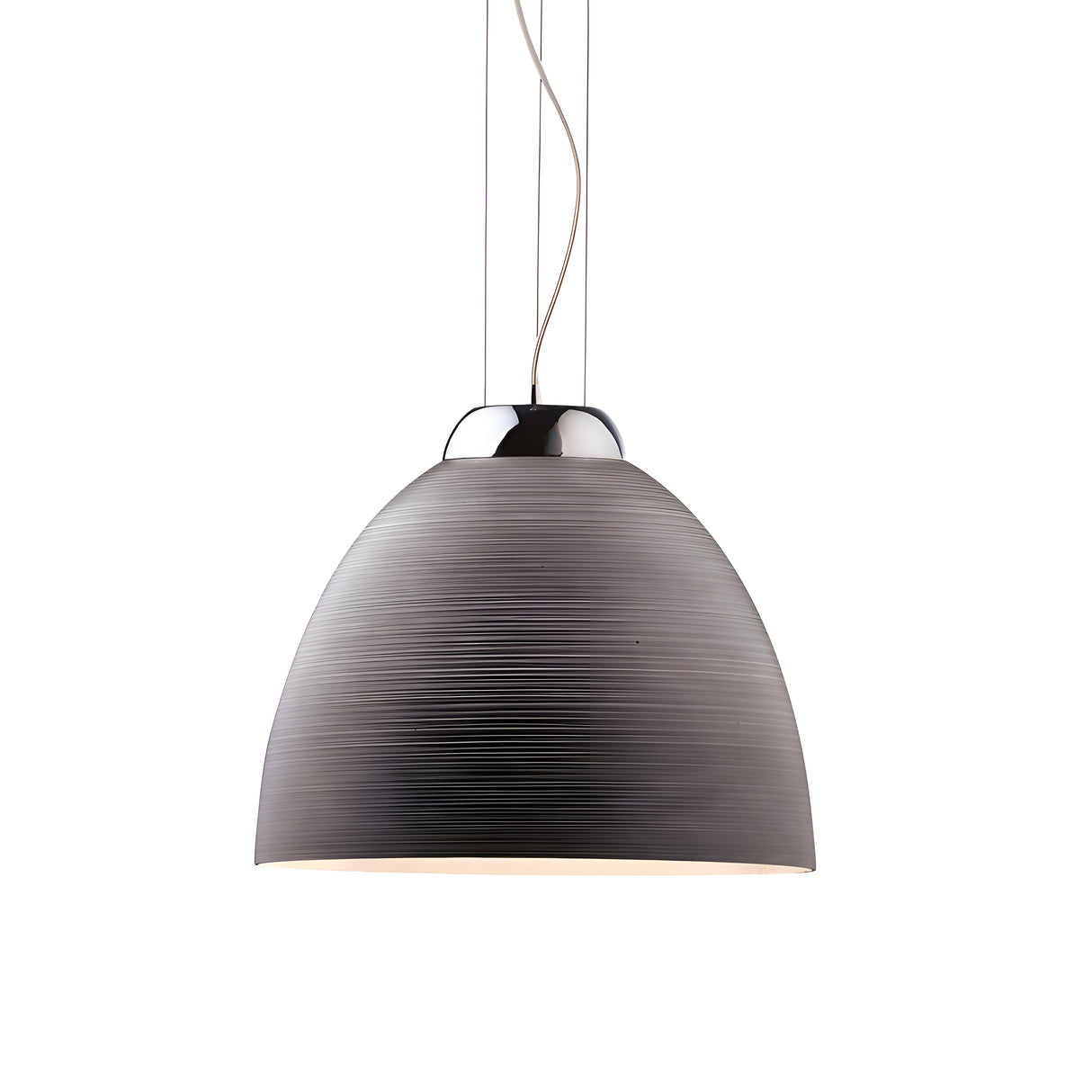 The Archer 1 Light Pendant - Grey is a contemporary dome-shaped light fixture with a sleek metallic finish and distinctive horizontal grooves, elegantly suspended by thin cables against a simple white backdrop.