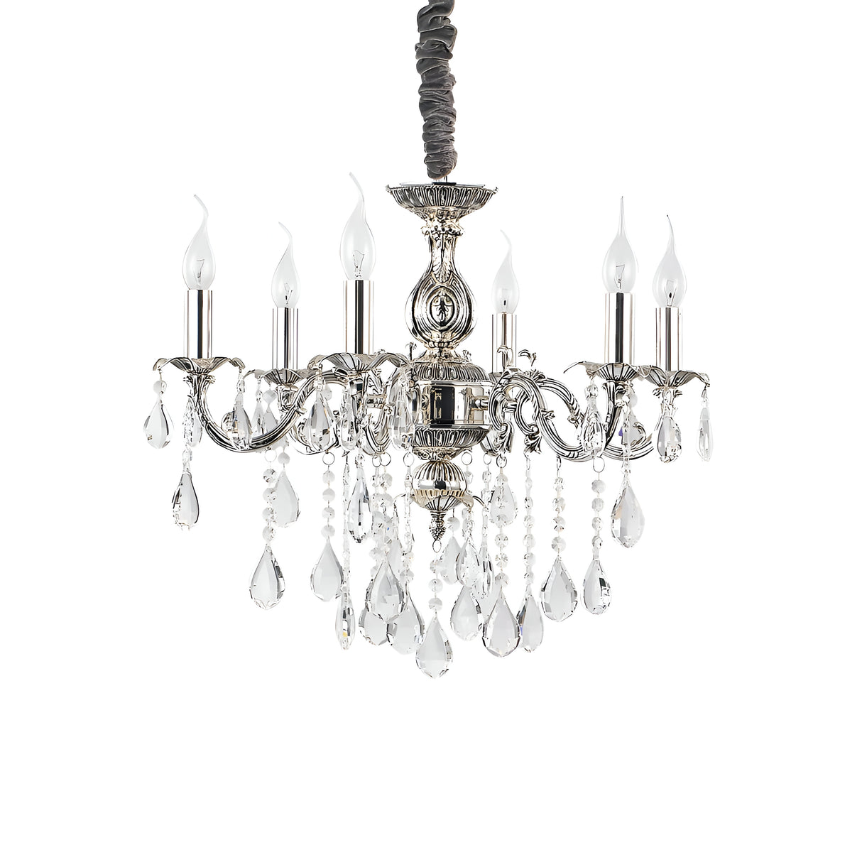 The Aetherial 6 Crystal Light Chandelier - Grey showcases antique silver elegance with six candle-shaped bulbs and teardrop crystal ornaments, all exquisitely suspended against a plain white background.