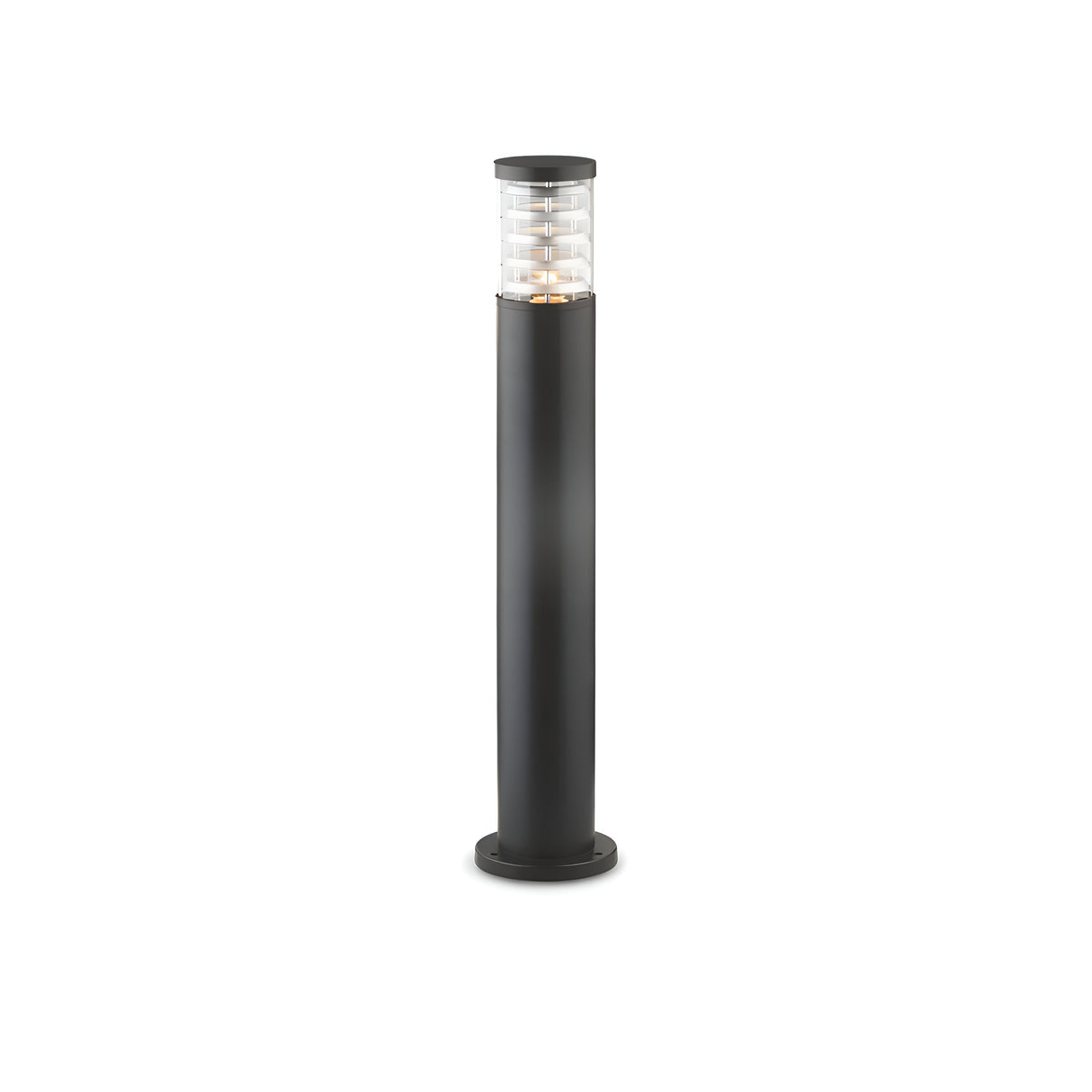 The Luminis Outdoor Bollard Light - Black, 80cm is a sleek and modern lamp post crafted from durable aluminum. It features a cylindrical black finish base and a transparent top that elegantly shields the light source, making it perfect for ambient pathway lighting.