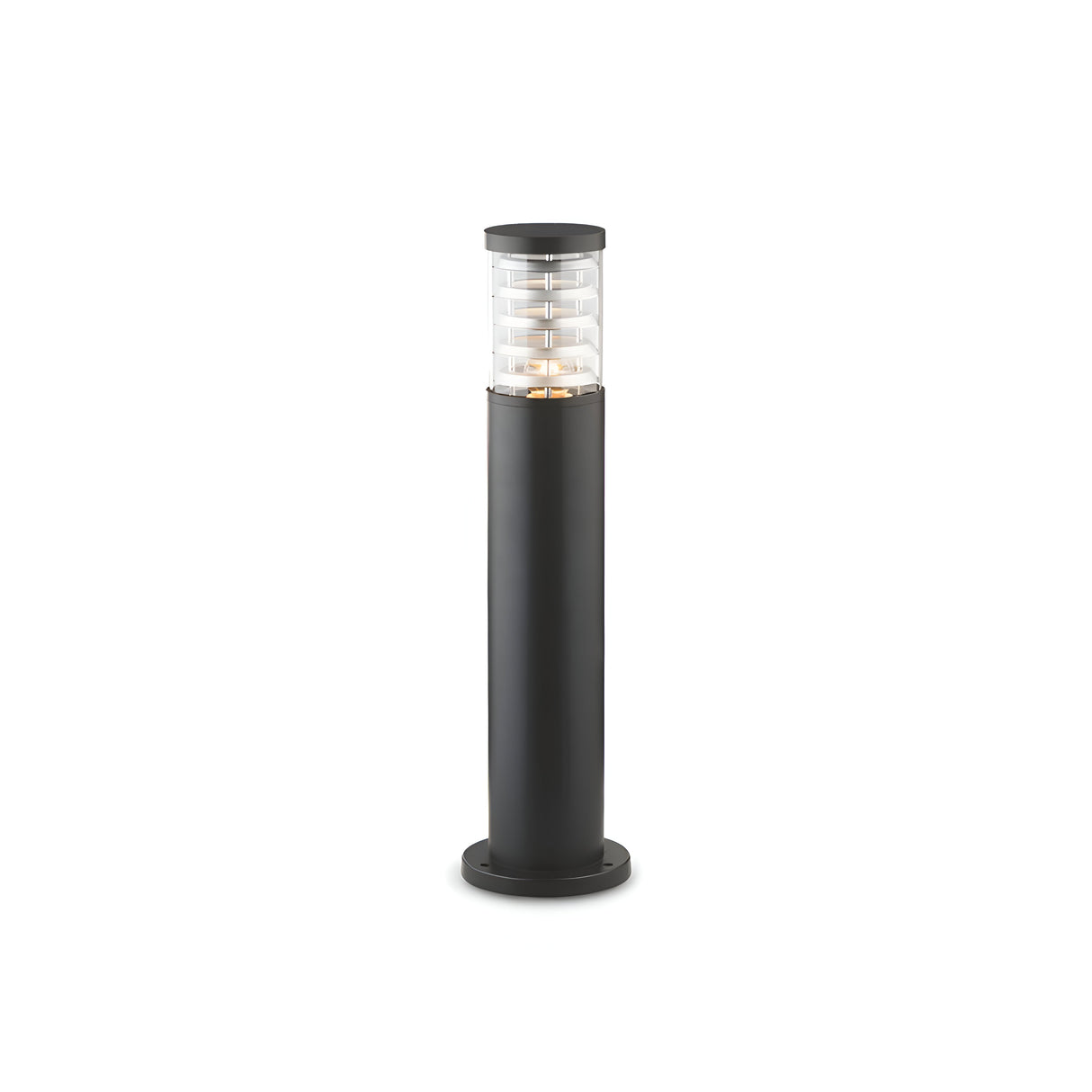 The Luminis Outdoor Bollard Light - Black, 60cm showcases a sleek and minimalist cylindrical design with a transparent top section featuring horizontal lines, complemented by a solid dark base. Constructed from die-cast aluminium, it is perfect for garden or pathway lighting.