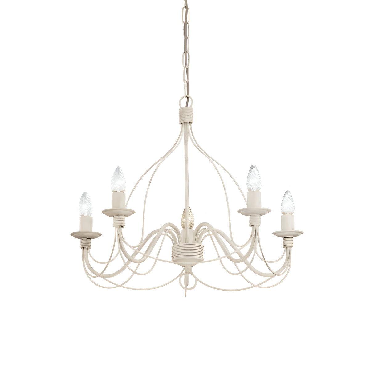 The Seraph 5 Light Chandelier in white, featuring vintage-inspired design, elegantly hangs from a chain. It showcases five candle-shaped bulbs and boasts elegant curved metal arms and artisanal craftsmanship in its central column, creating a traditionally sophisticated look.