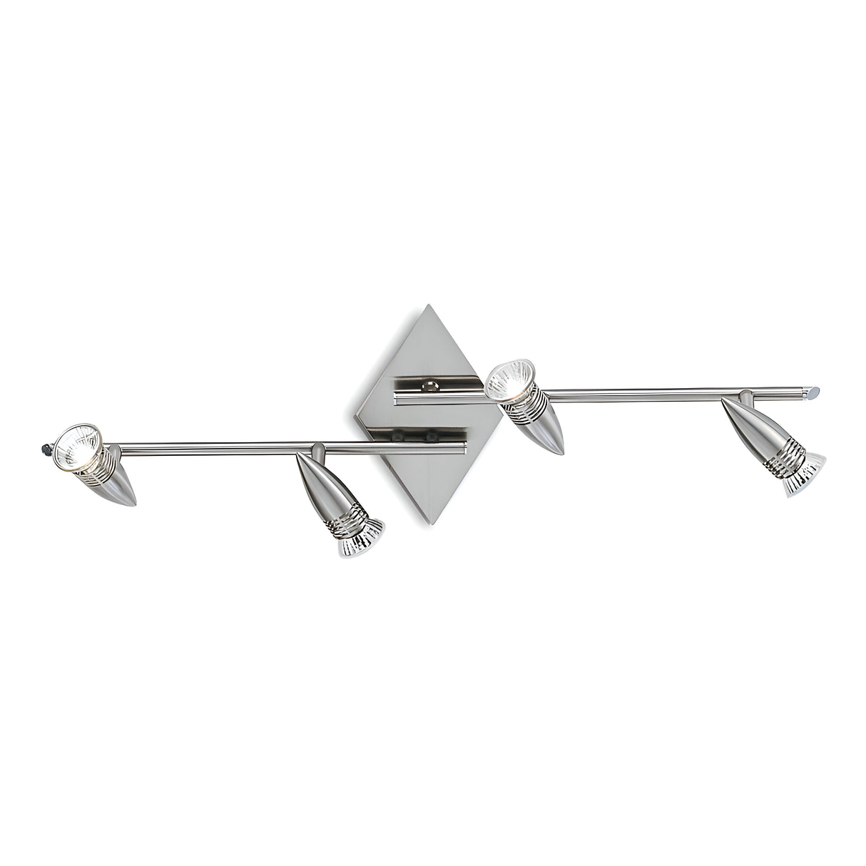 The Omega Quad Bar Spotlight - Nickel is a contemporary wall fixture showcasing a satin nickel finish, highlighted by four adjustable spotlights extending from a central diamond-shaped base, each designed in an elegant conical shape.