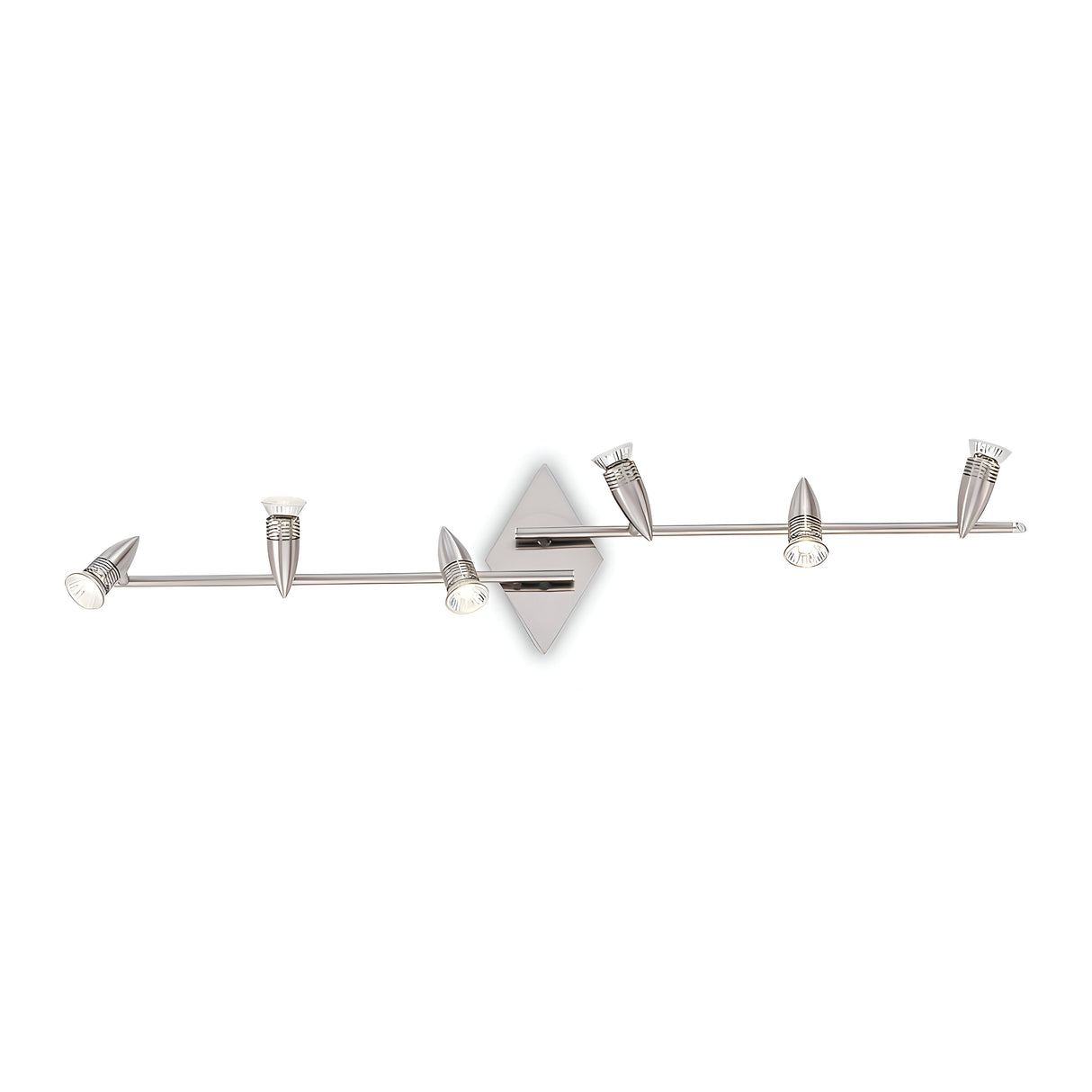 Introducing the Omega Double Twin Bar Spotlight - Nickel, a contemporary wall-mounted light fixture showcasing a sophisticated satin nickel finish. It features two straight bars arranged in a V-shape, each equipped with three adjustable spotlight heads for versatile directional lighting. The base of this striking piece is diamond-shaped.