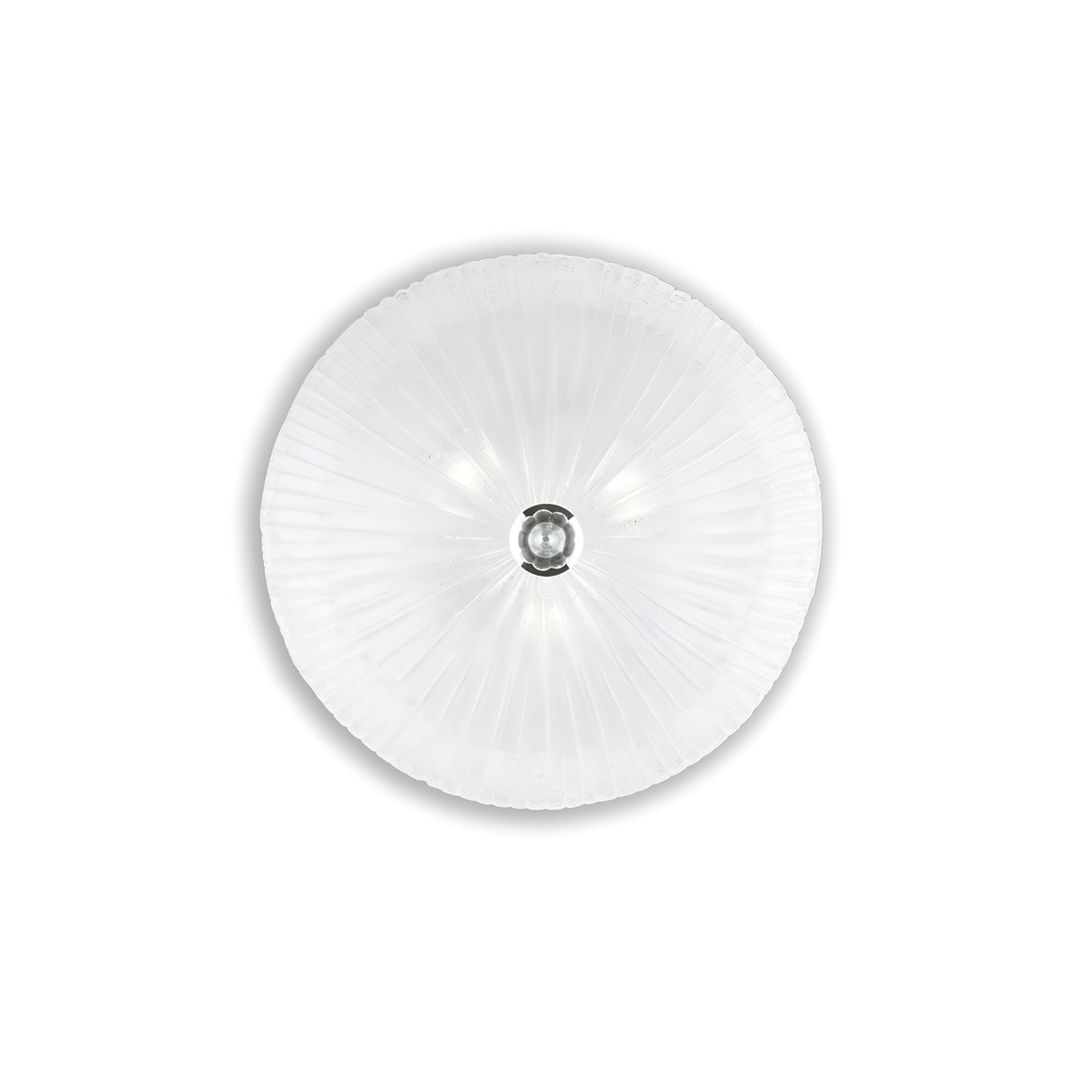 The Sapphire 3 Light Ceiling - Clear is a circular ceiling light fixture featuring a ribbed glass design complemented by chrome metal accents and a metallic central mount set against a white background.