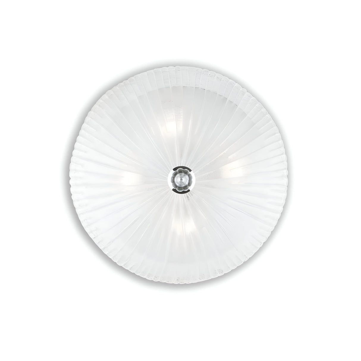 The image portrays the Sapphire 4 Light Ceiling - Clear, which includes a textured clear glass cover accented with chrome metal. This design features symmetrical ridges radiating from the center for an elegant and modern appearance.