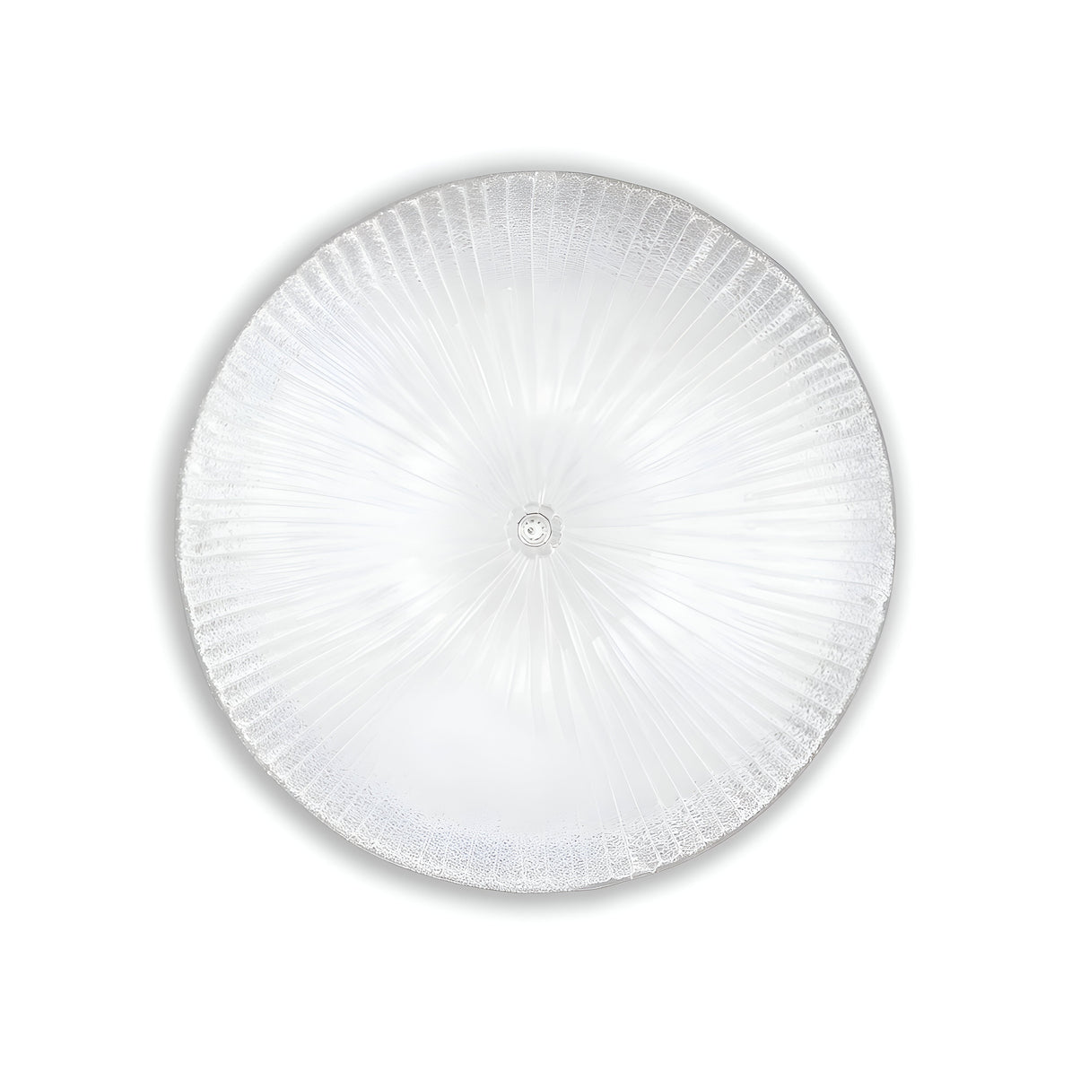 The Sapphire 6 Light Ceiling - Clear is a circular glass ceiling fixture featuring a ribbed design and chrome metal accents. It presents a frosted appearance, includes a central decorative element, and is adorned with an edge that has a delicate textured pattern, enhanced by the clarity of its sapphire-like diffuser.