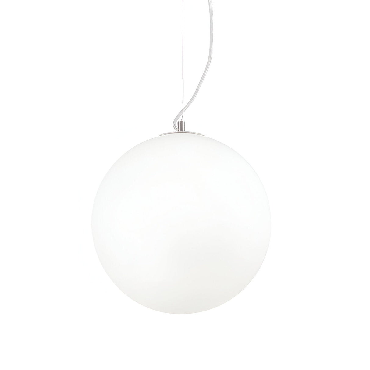 The Lyria 1 Light Glass Pendant - White, 30cm showcases a minimalist design with a sleek white glass sphere diffuser. It elegantly suspends from a slender cable, its polished surface providing a gentle, diffused illumination akin to a modern lighting orb set against a simple white background.