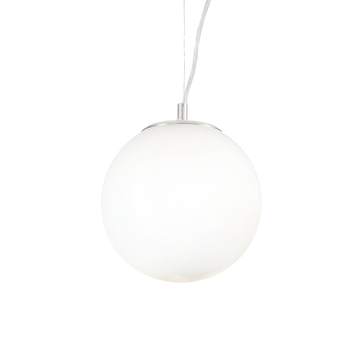 The Lyria 1 Light Glass Pendant - White, 20cm, is ideal for modern interiors with its spherical white design that elegantly hangs from a slender wire set against a plain white backdrop, making it perfect for contemporary homes.