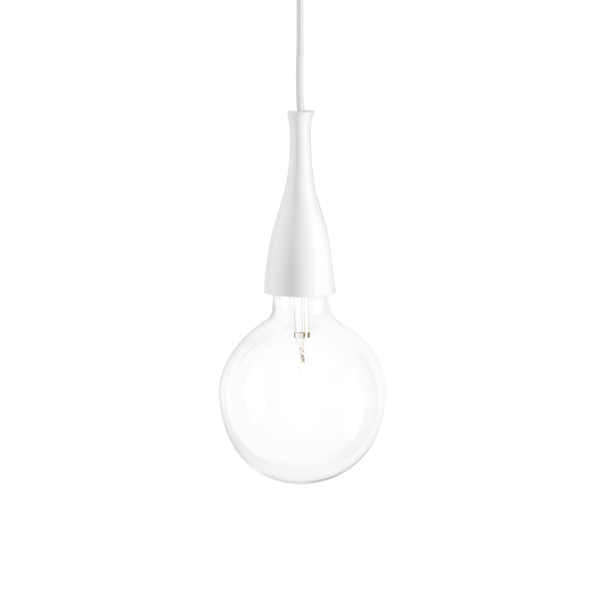 The Auburn 1 Light Pendant - White captures minimalist design with its elegant, modern look. It features a white fixture and a large, clear round bulb suspended from a matching cord, making it a perfect fit for any contemporary interior lighting scheme against a plain white background.