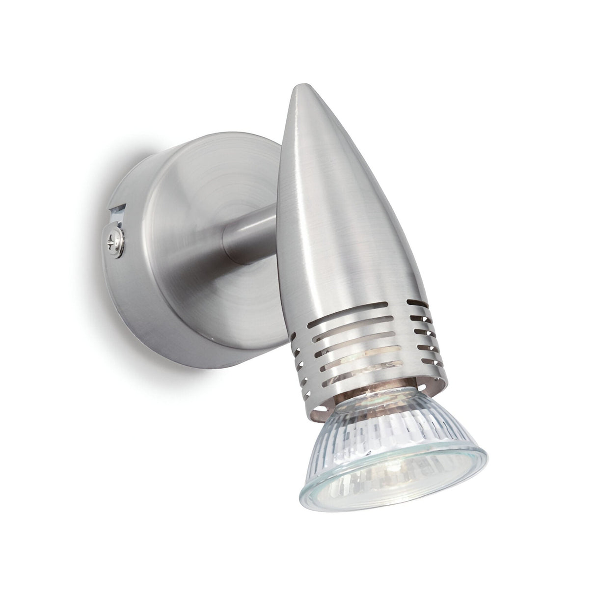 This contemporary nickel wall sconce lamp features a sleek conical design similar to the Omega Single Spotlight. The lamp is equipped with a glass bulb encased in a brushed metal fixture and includes an adjustable light body mounted on a circular base.