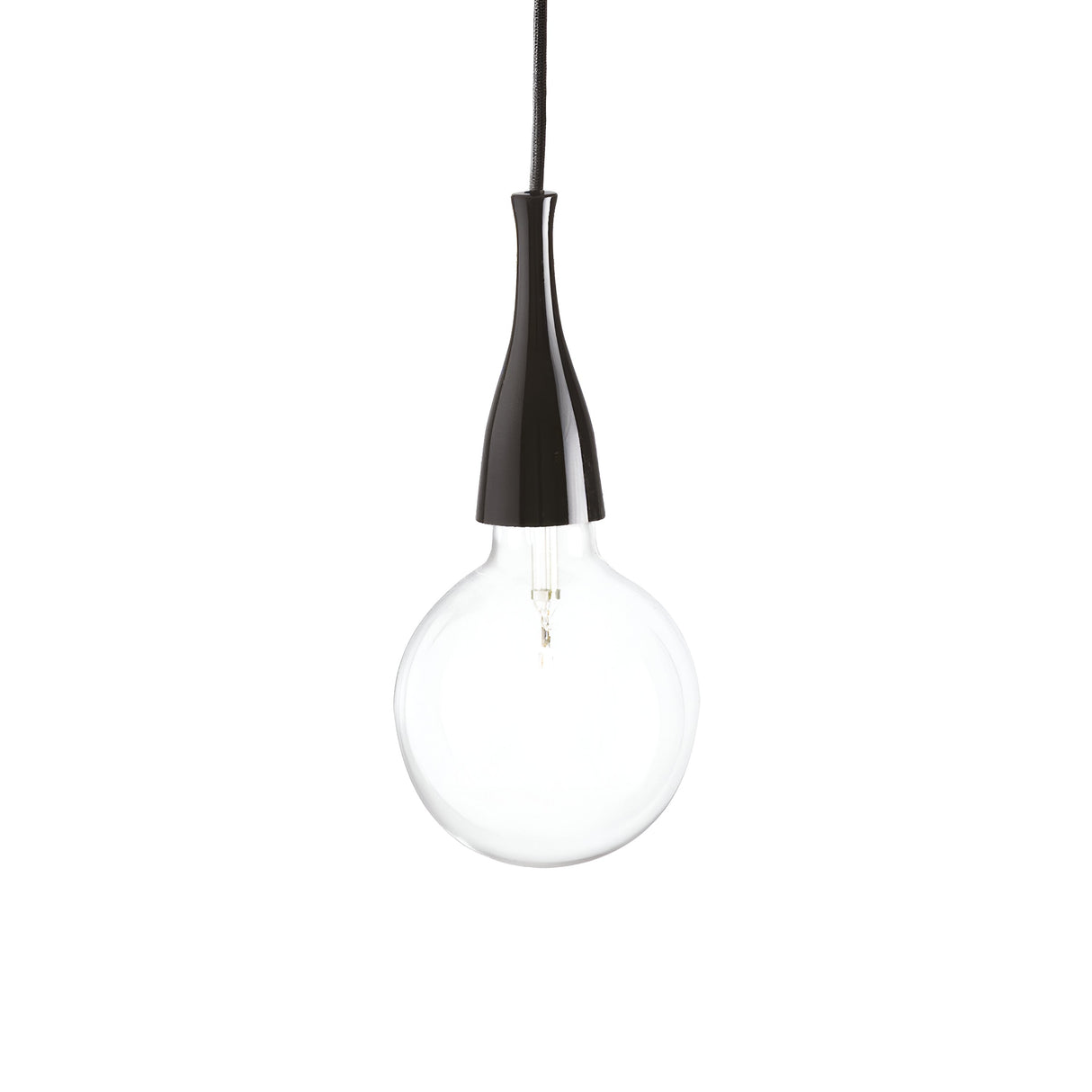 The Auburn 1 Light Pendant in black features a sleek design with a round clear bulb hanging from an adjustable cable, embodying a minimalistic and modern aesthetic ideal for contemporary spaces.