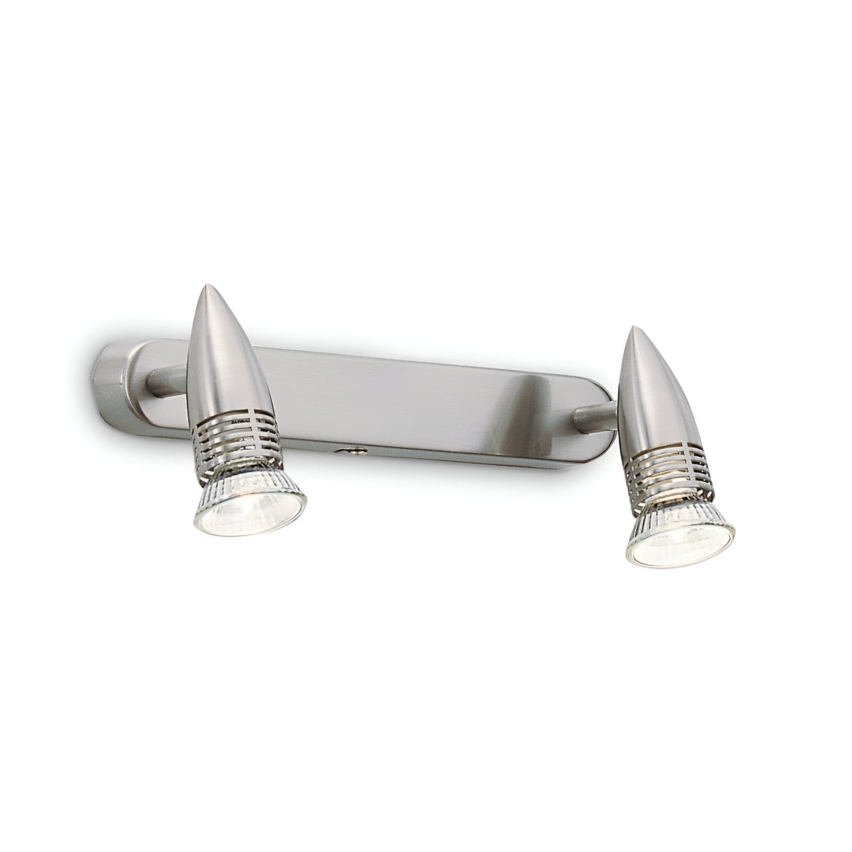 The Omega Twin Bar Spotlight - Nickel is a sleek, modern wall-mounted light fixture featuring two adjustable spotlight heads in a satin nickel finish. Its conical lights are attached to a rectangular base, making it an ideal choice for contemporary interior spaces.