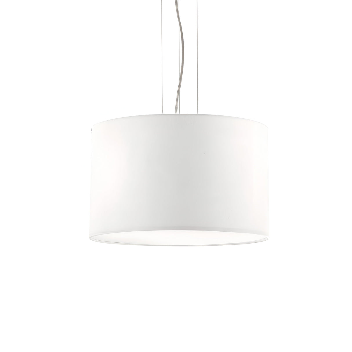 The Marquise 3 Light Pendant - White exudes modern elegance with its white cylindrical design, smooth surface, and adjustable steel cables. It hangs gracefully from its sleek white cable against a plain background.
