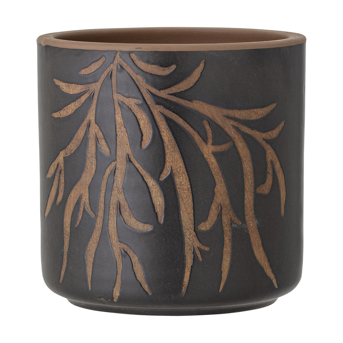 Dres Leaf Terracotta Plant Pot in black with a carved branch and leaf pattern revealing natural terracotta tones, bare clay rim, cylindrical shape, on a plain white background.