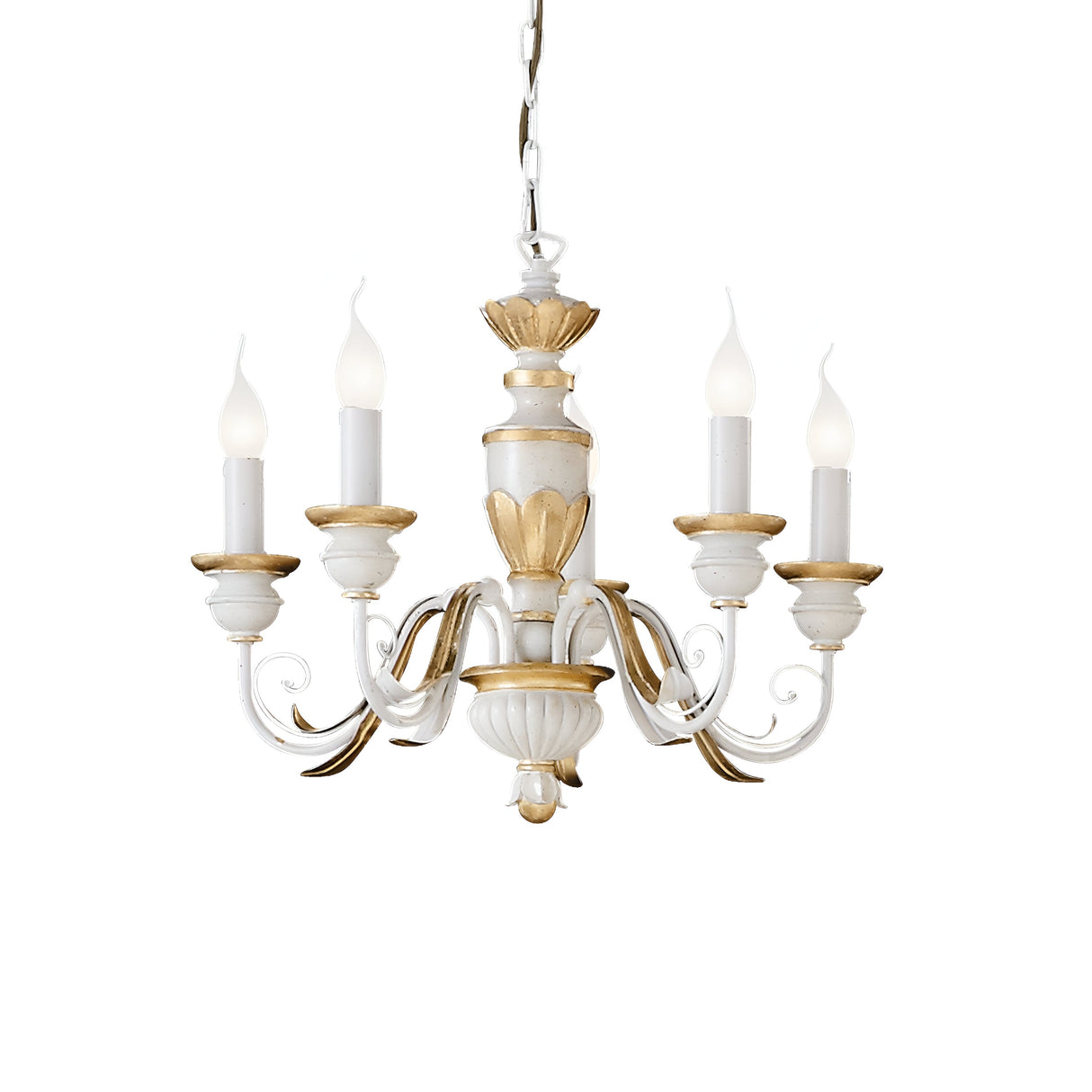 Introducing the Firenze 5 Light Chandelier - White/Gold, a stunning vintage-style piece. This dimmable chandelier boasts five candle-shaped lights with intricate curved arms and decorative accents, gracefully hanging from a chain to illuminate your space with elegance.