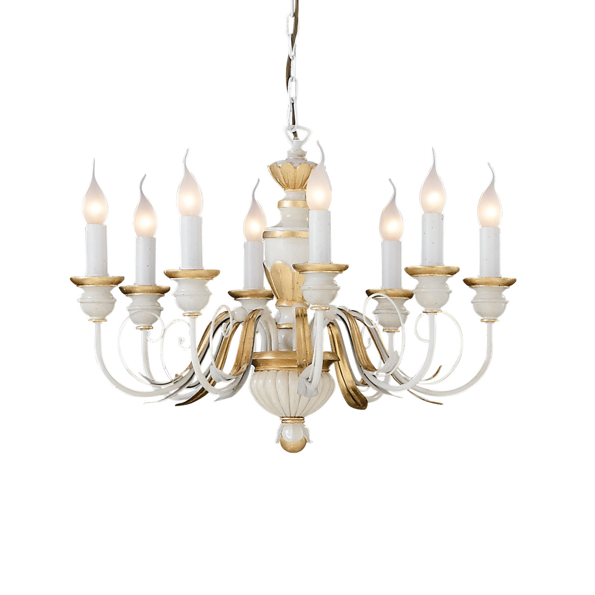 The Firenze 8 Light Chandelier - White/Gold is a sophisticated, dimmable chandelier featuring eight candle-shaped lights. It showcases a refined white and gold color palette, enhanced by intricately curved arms and a timeless design, all gracefully suspended from a chain.
