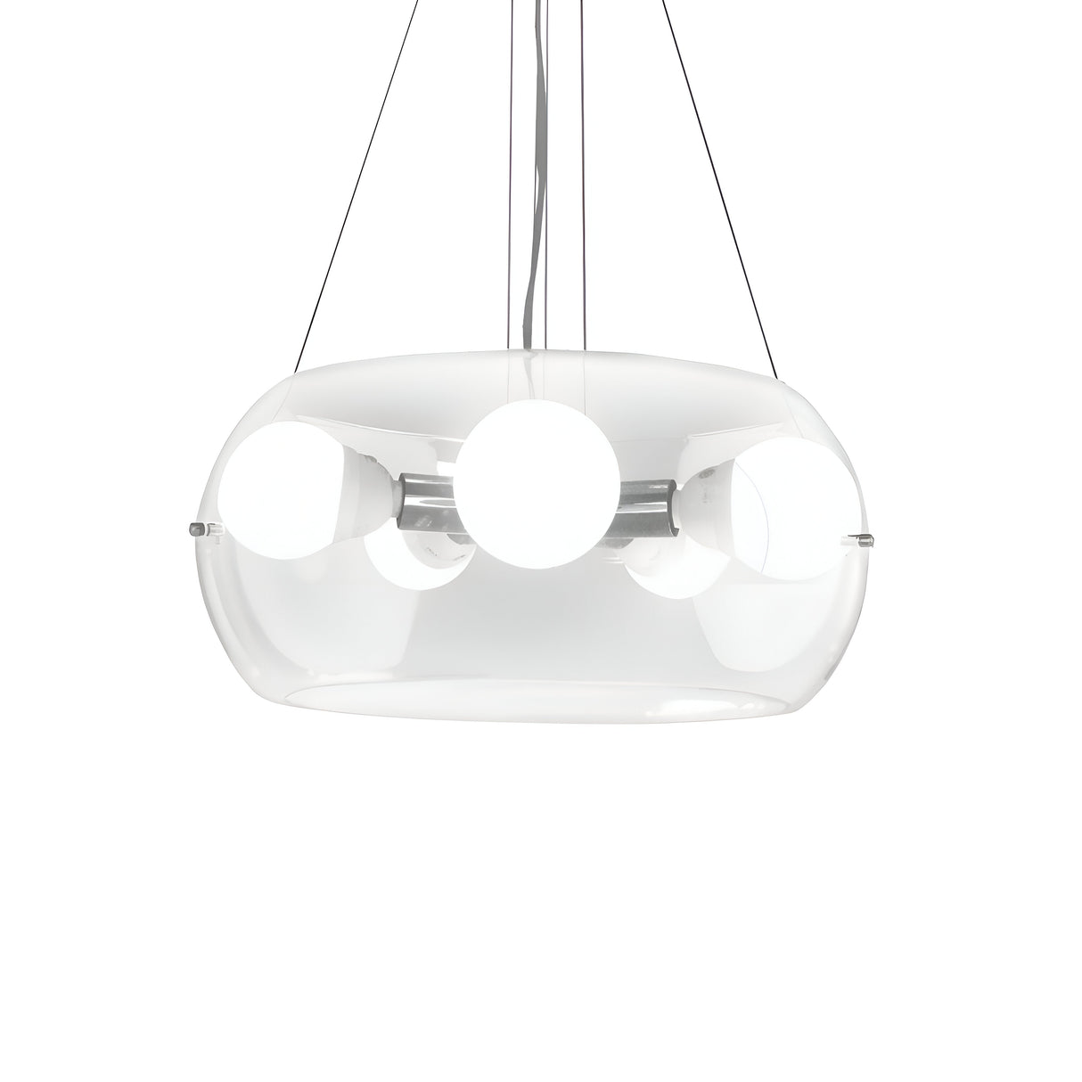 The Lucid 5 Light Pendant - Chrome showcases a sleek and contemporary elegance with five radiant spherical bulbs suspended by delicate wires. The fixture is encased in clear, curved blown glass diffusers and accented with a chrome finish for a modern design.