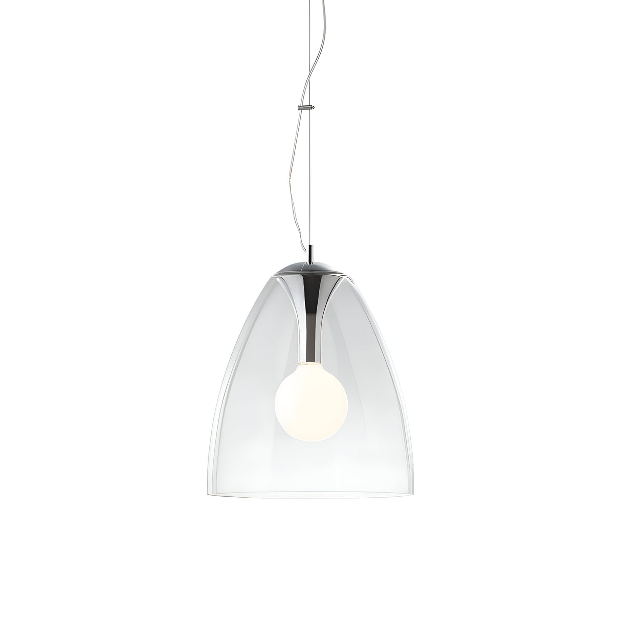 The Audi 1 Light Glass Pendant - Clear is a modern lighting fixture with a minimalist design, showcasing a clear glass dome and an illuminated bulb, suspended gracefully by a slim wire.