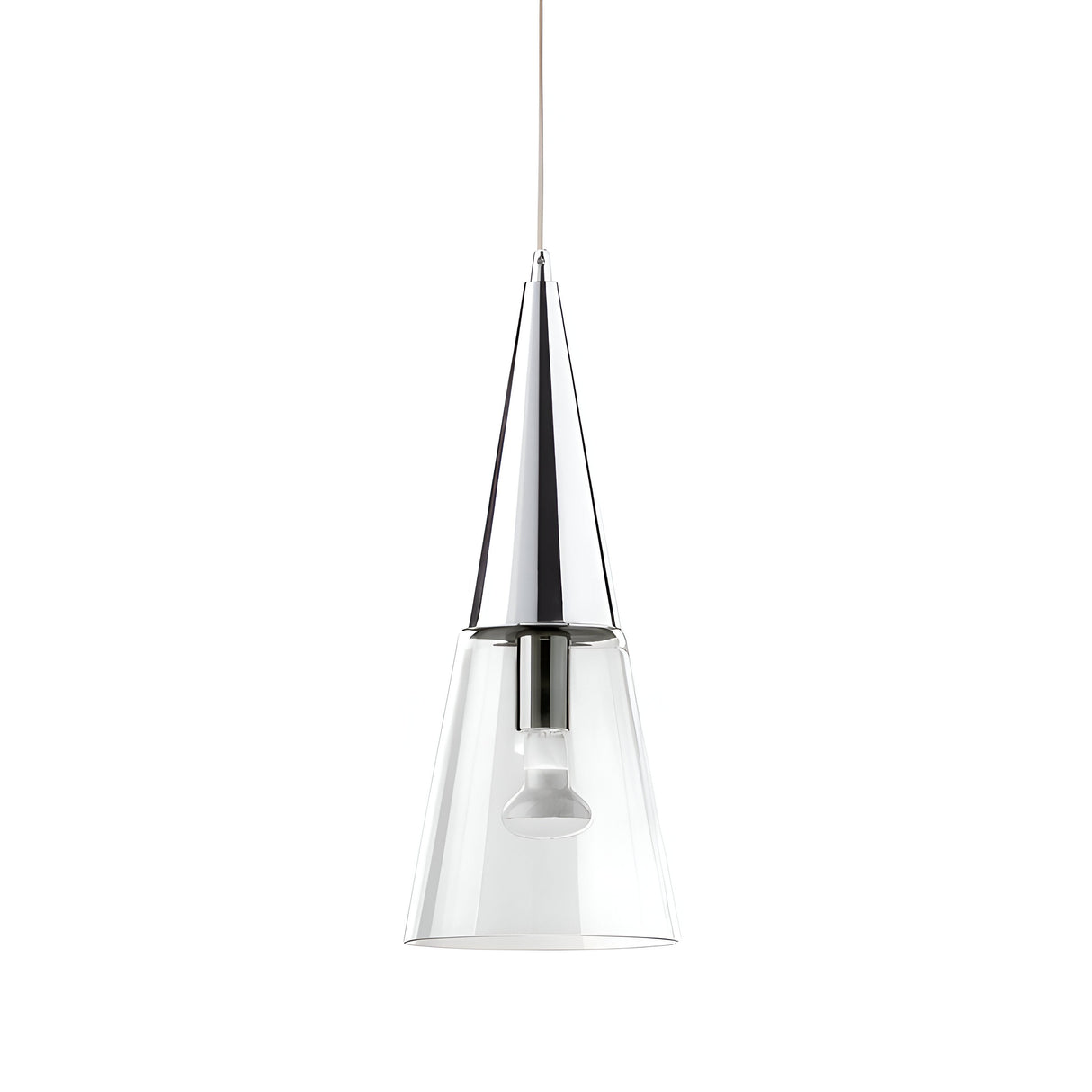 The Cone 1 Light Glass Pendant - Silver offers a contemporary design with a sleek conical metallic top and a clear glass cone shade, elegantly displaying a single bulb. It is suspended from an adjustable cable, beautifully combining functionality with modern style against a white background.