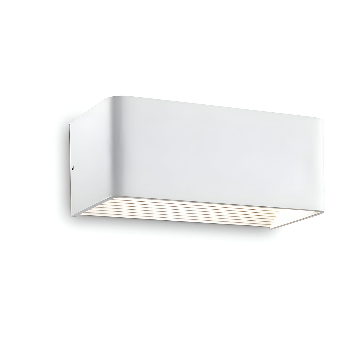 The Zephyrine LED Wall Light 10.5W 3000K - White, measuring 20cm, is mounted on a white wall. With its modern rectangular design and durable aluminum construction, it emits a soft warm glow from its underside, creating a subtle downward illumination that enhances contemporary interiors.