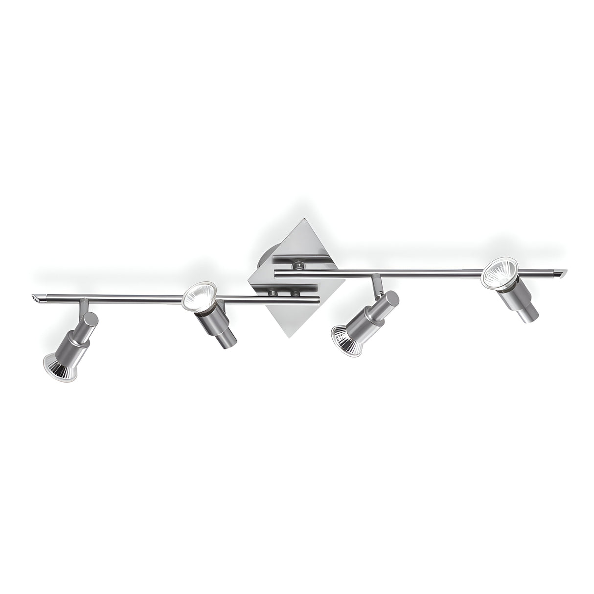 The Crest Quad Bar Spotlight - Nickel is a sleek and modern lighting fixture mounted on a rectangular base against a white background. It features four adjustable spotlights and an innovative dimmable feature, providing adaptable lighting solutions to perfectly suit any room's ambiance.