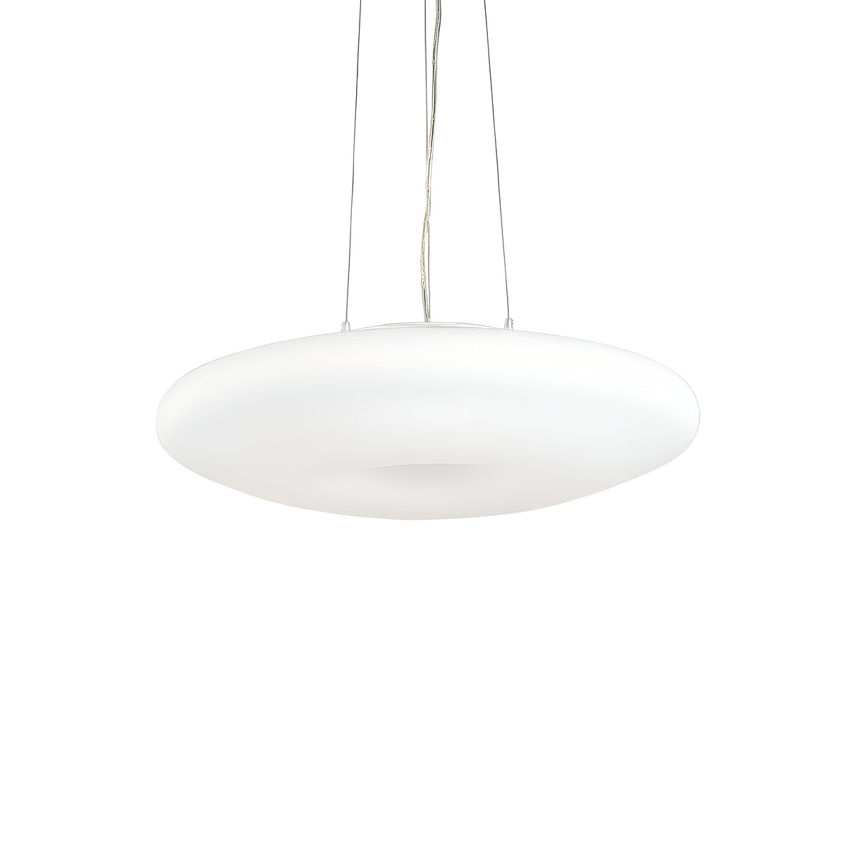 The Hollow 3 Light Pendant - White, 50cm boasts a contemporary and elegant circular design crafted from blown and acid-etched white glass. This refined home decor piece is gracefully hung from slender wires against a plain white background.