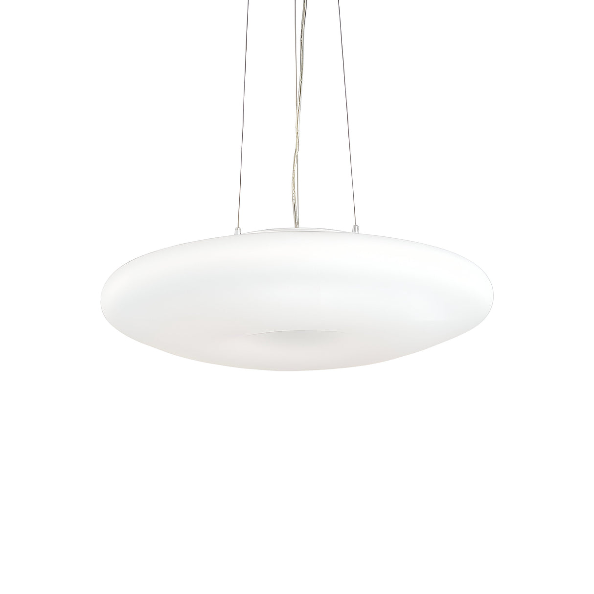 The Hollow 5 Light Pendant in white, measuring 60cm, elegantly hangs from the ceiling by its slender wires against a white background. Its sleek, round shape evokes the image of a flying saucer, seamlessly merging minimalist and contemporary lighting design elements with its white glass diffuser.