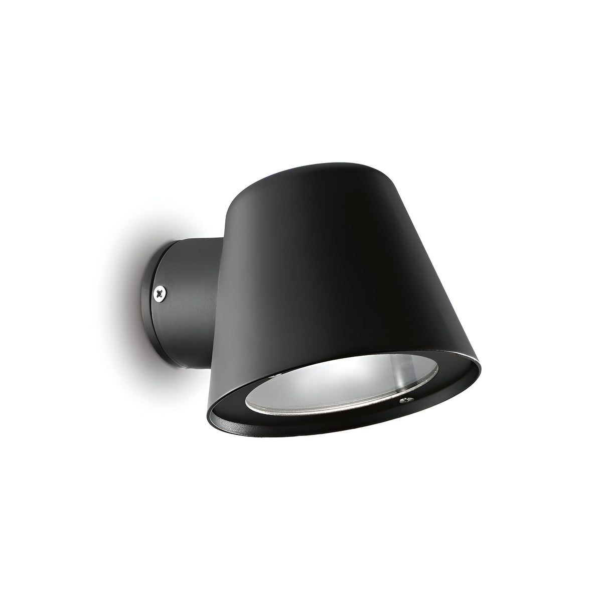 The Quasar Outdoor Wall Light - Black is a contemporary outdoor wall fixture featuring a sleek black finish and a cylindrical design with a wide opening that directs light downward. Constructed from powder-coated aluminium, it is securely mounted with a small metal screw.
