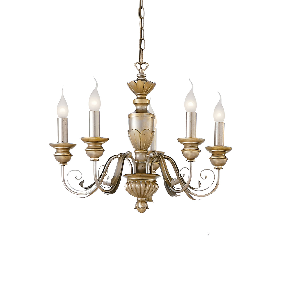 The Firenze 5 Light Chandelier - Gold showcases a vintage-style brass design enriched with ornate detailing and elegant scrollwork. Ideal for vintage-inspired interiors, this chandelier features five candle-shaped light bulbs and gracefully hangs from a chain, set against a white background.