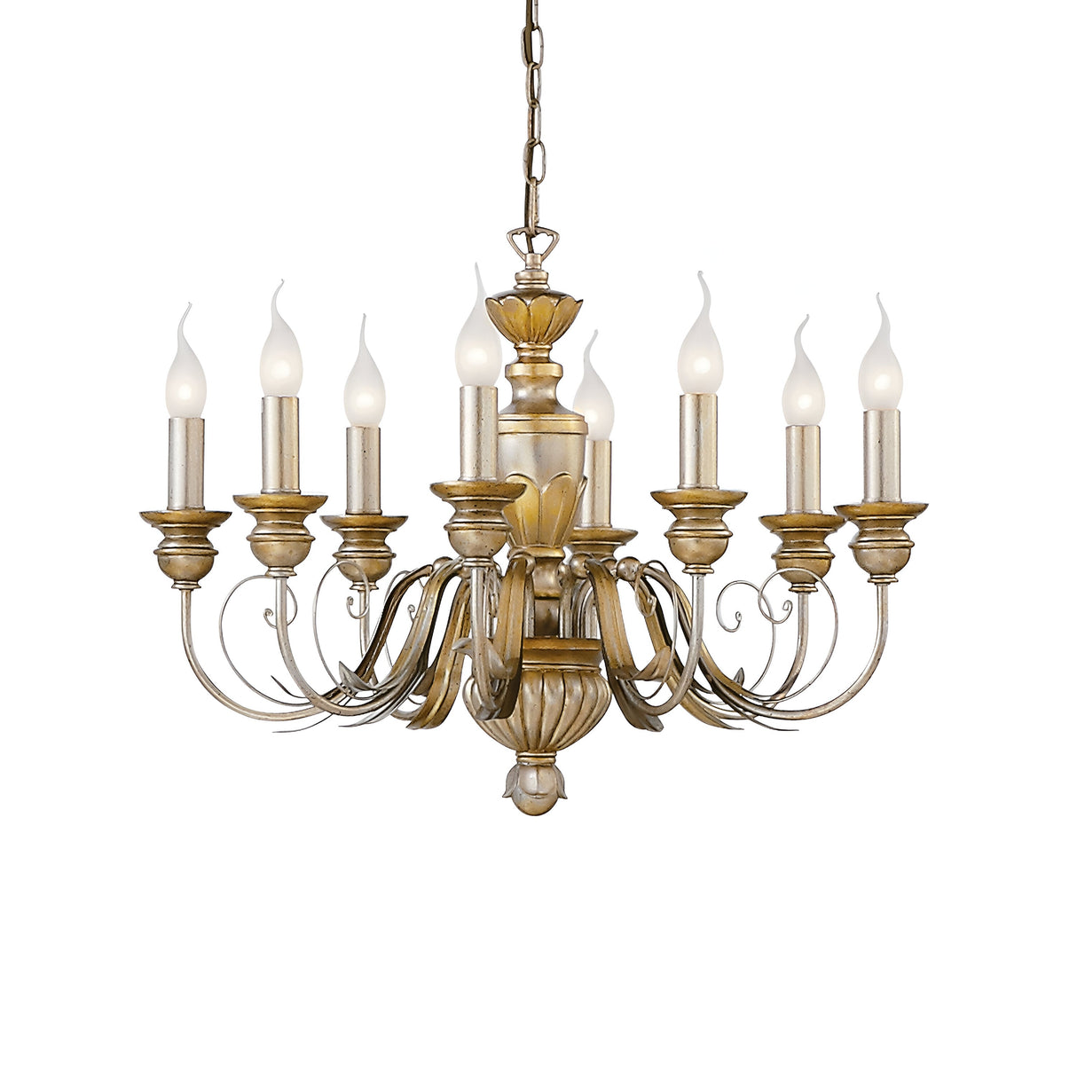 The Firenze 8 Light Chandelier - Brass is a beautifully ornate, antique-style fixture featuring eight candle-shaped bulbs, dimmable lighting, and a decorative bronze finish, elegantly suspended from a chain.