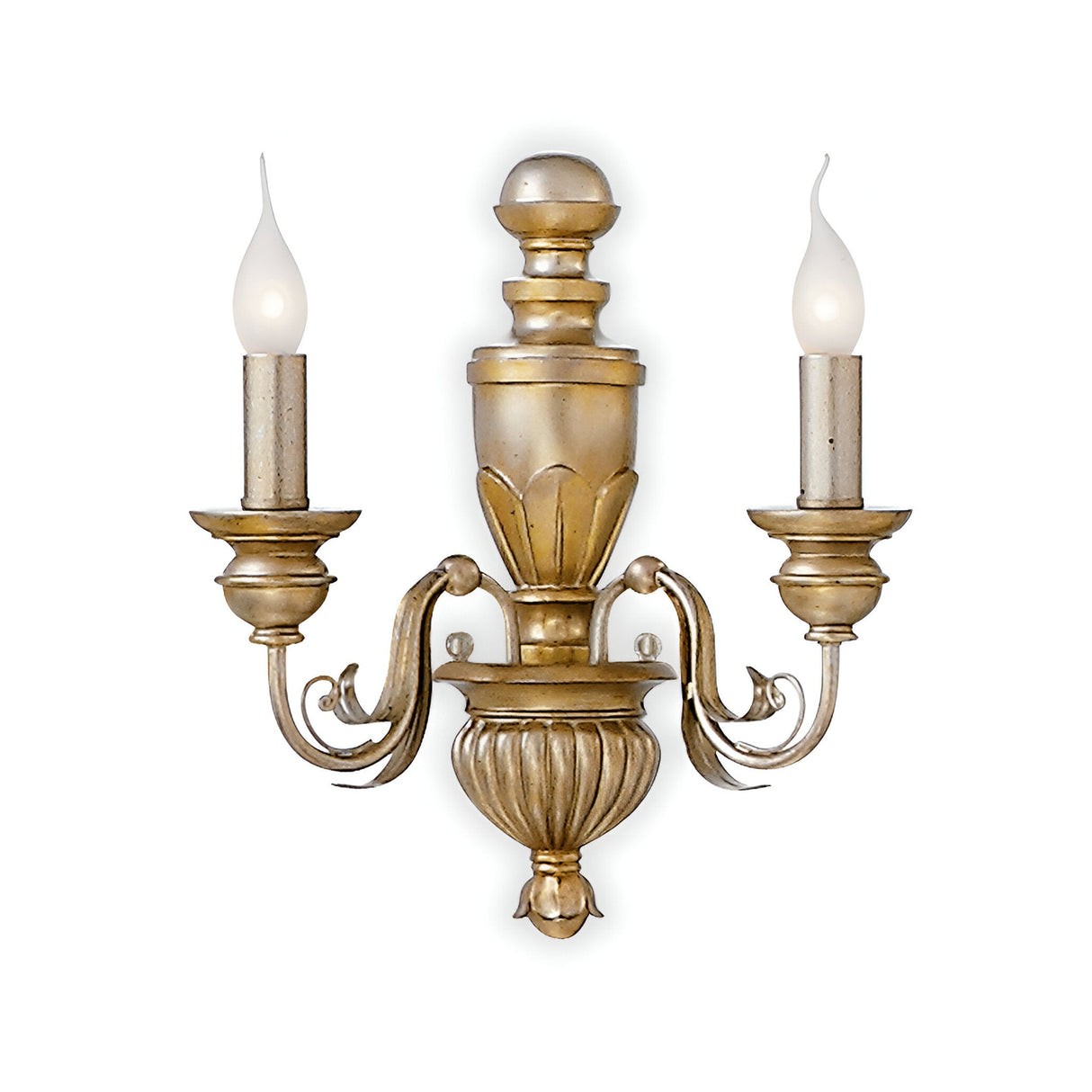 Experience the enduring sophistication of the Firenze 2 Light Wall Light - Gold, a vintage-inspired sconce featuring intricate ornamental details. Its classic decor appeal is accentuated by two candle-shaped lights mounted on gracefully curved arms, complemented by a symmetrical design topped with a pointed finish.