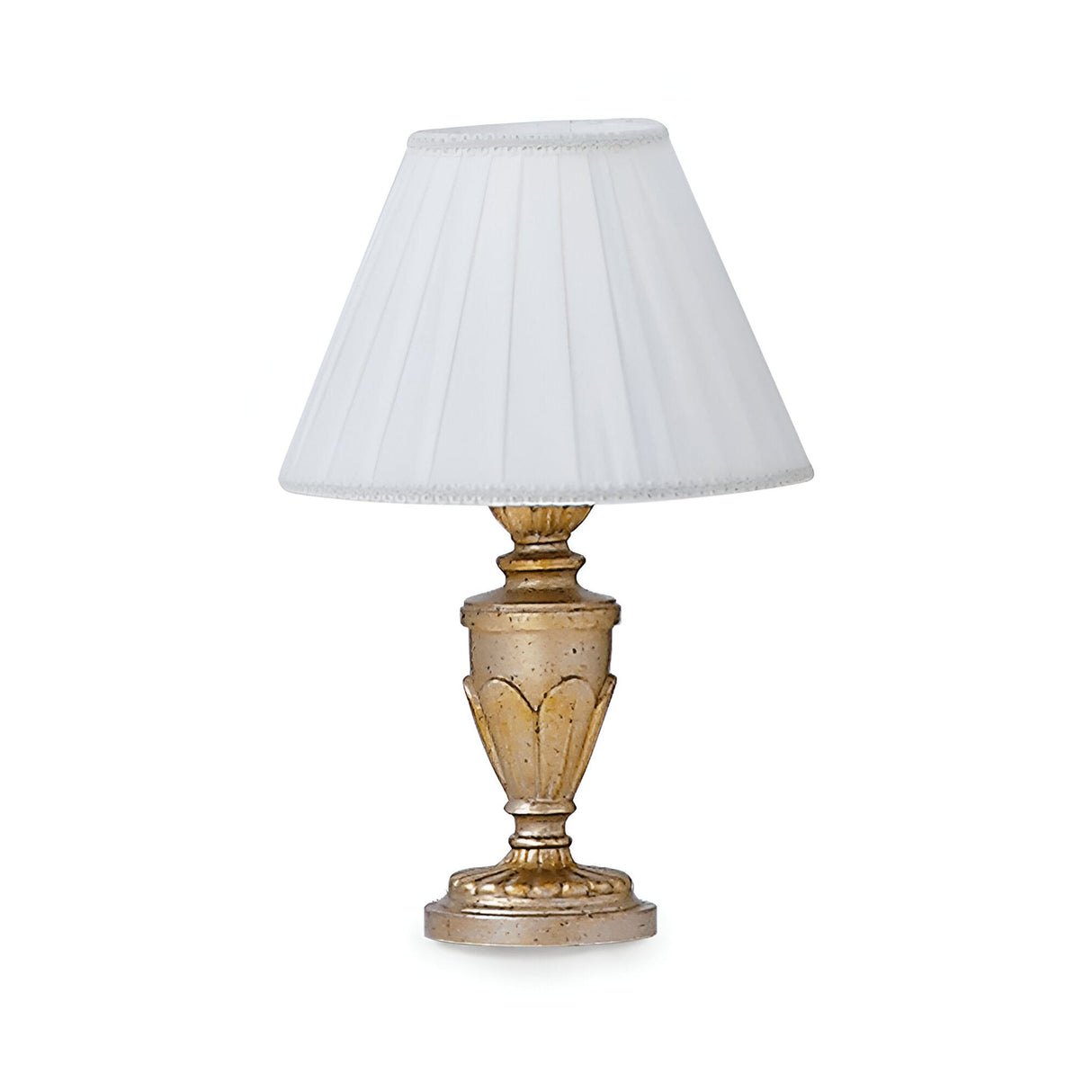 The Firenze Table Lamp - Gold features a vintage-inspired gold base and a white pleated lampshade, displayed against a plain white background.