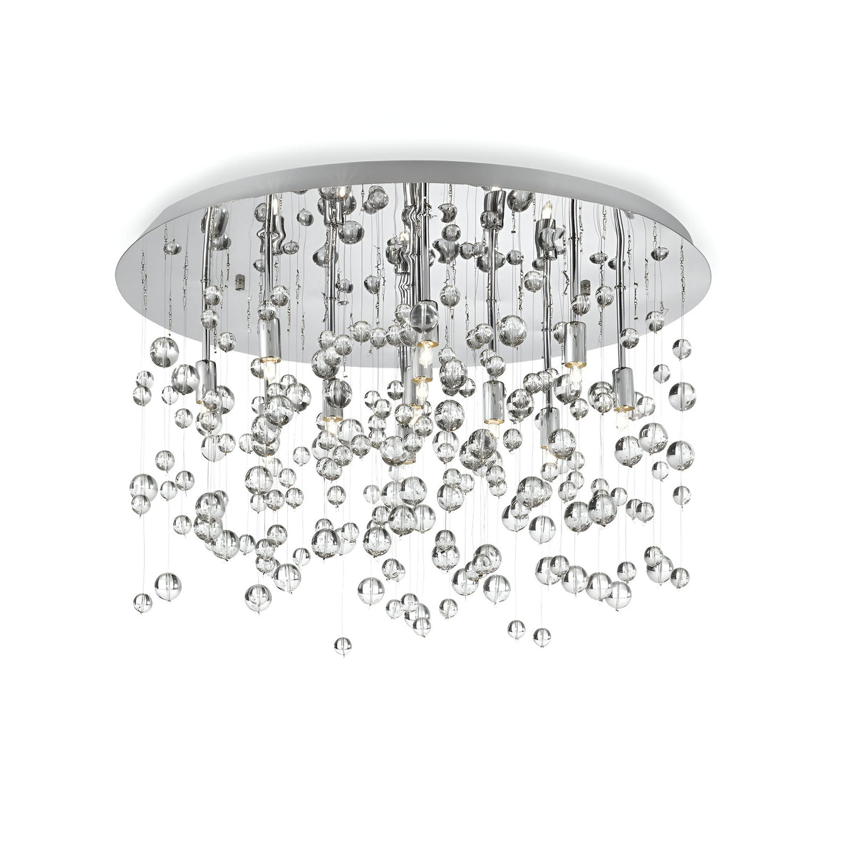 The Illusis 8 Light Glass Semi Flush Chandelier in white features a sleek round metallic base with multiple hanging crystal-like glass spheres, producing a cascading effect. These spheres beautifully reflect light, infusing elegance and sparkle into the design, making it an exquisite piece of modern lighting.