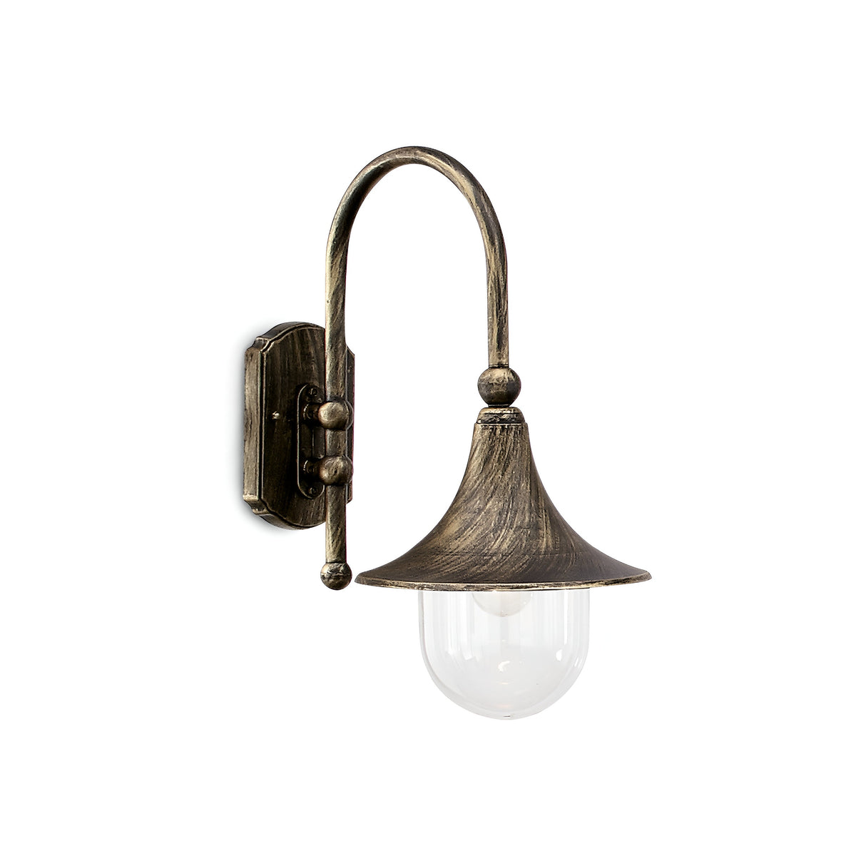 Presenting the Lumis Outdoor Wall Light in Antique Brass, a vintage-style sconce that combines timeless appeal with functionality. Crafted from durable die-cast aluminum, it features a curved arm and a downward-facing metal shade that elegantly encases a clear glass bulb.
