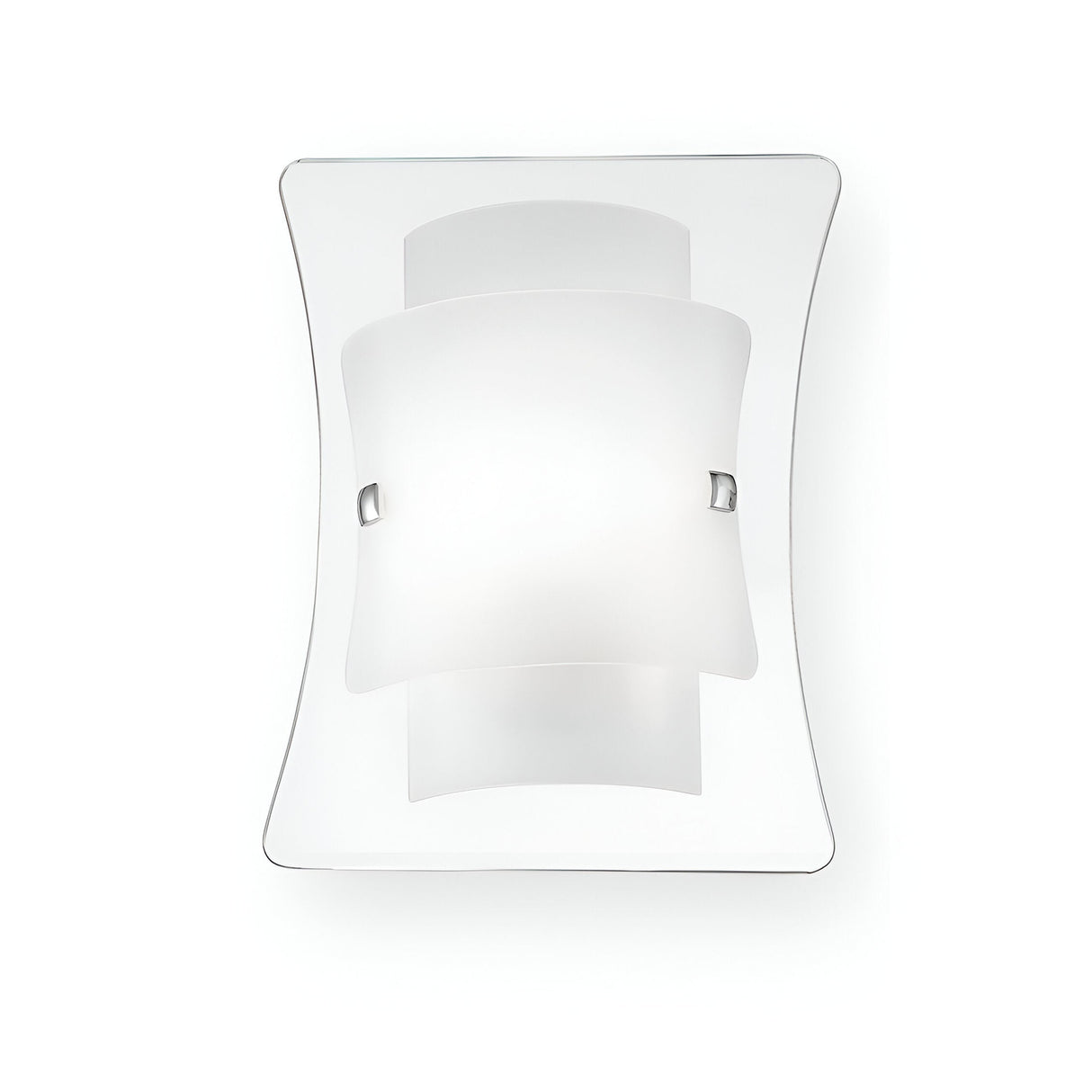 The Triplo Wall Light - White showcases a sleek, minimalist design with a contemporary aesthetic. It features a rectangular base and a curved, frosted glass cover secured by metallic clips. This sophisticated fixture provides soft, diffused illumination that gracefully enhances any plain white backdrop.
