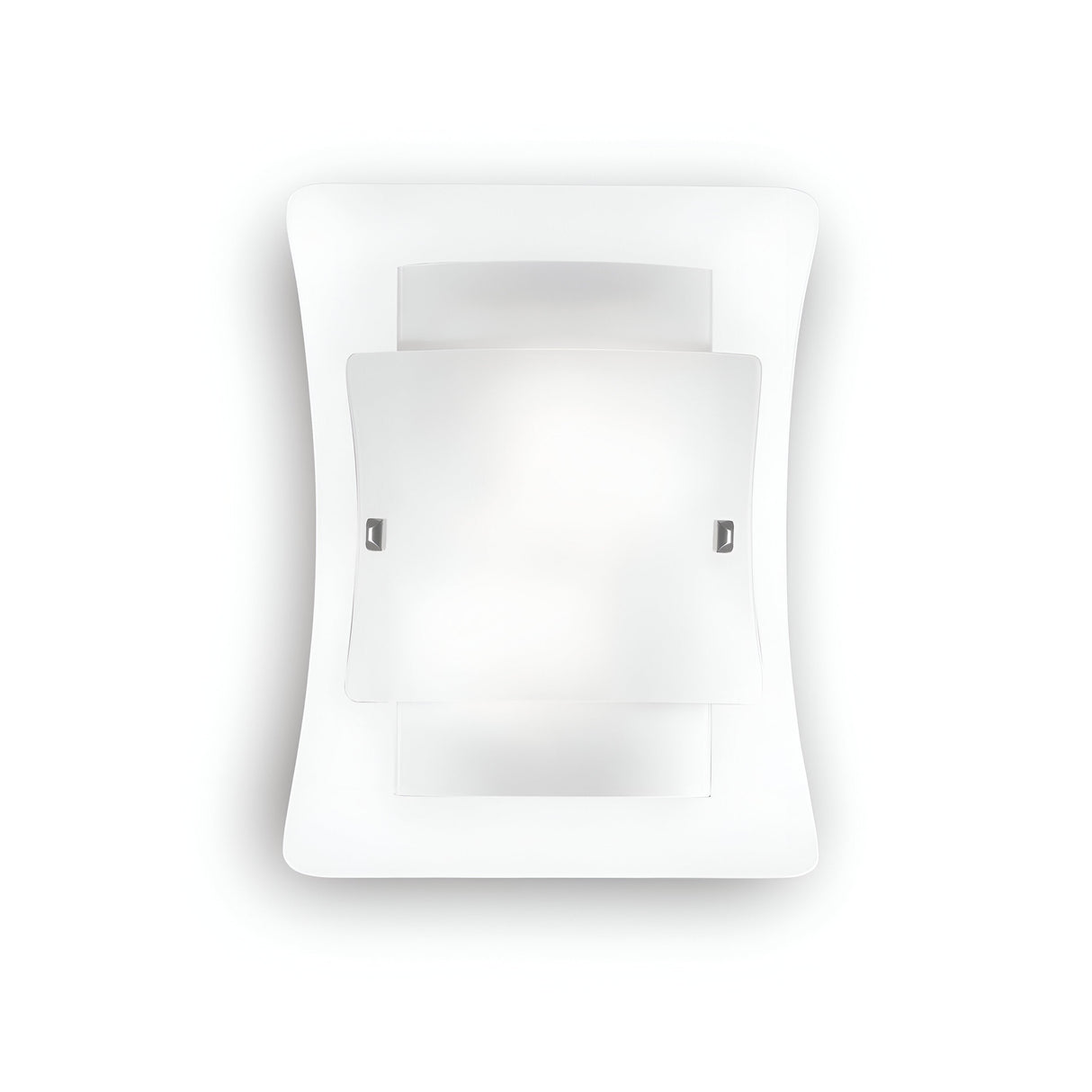 The Triplo 2 Light Wall Light - White boasts a sleek rectangular design with a triple-layered glass diffuser that emits a gentle, diffused glow. Its chrome-plated metal fittings enhance the minimalist aesthetic, while clean lines and subtly curved surfaces make it ideal for accentuating any plain white backdrop.