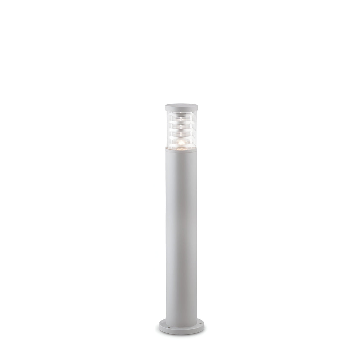 Experience modern elegance with the Luminis Outdoor Bollard Light - Grey, 80cm. This outdoor light features a sleek cylindrical design and a frosted glass top that emits a soft white glow. The grey finish on its metallic base and body perfectly combines functionality with contemporary style, making it ideal for illuminating garden paths against a plain white background.