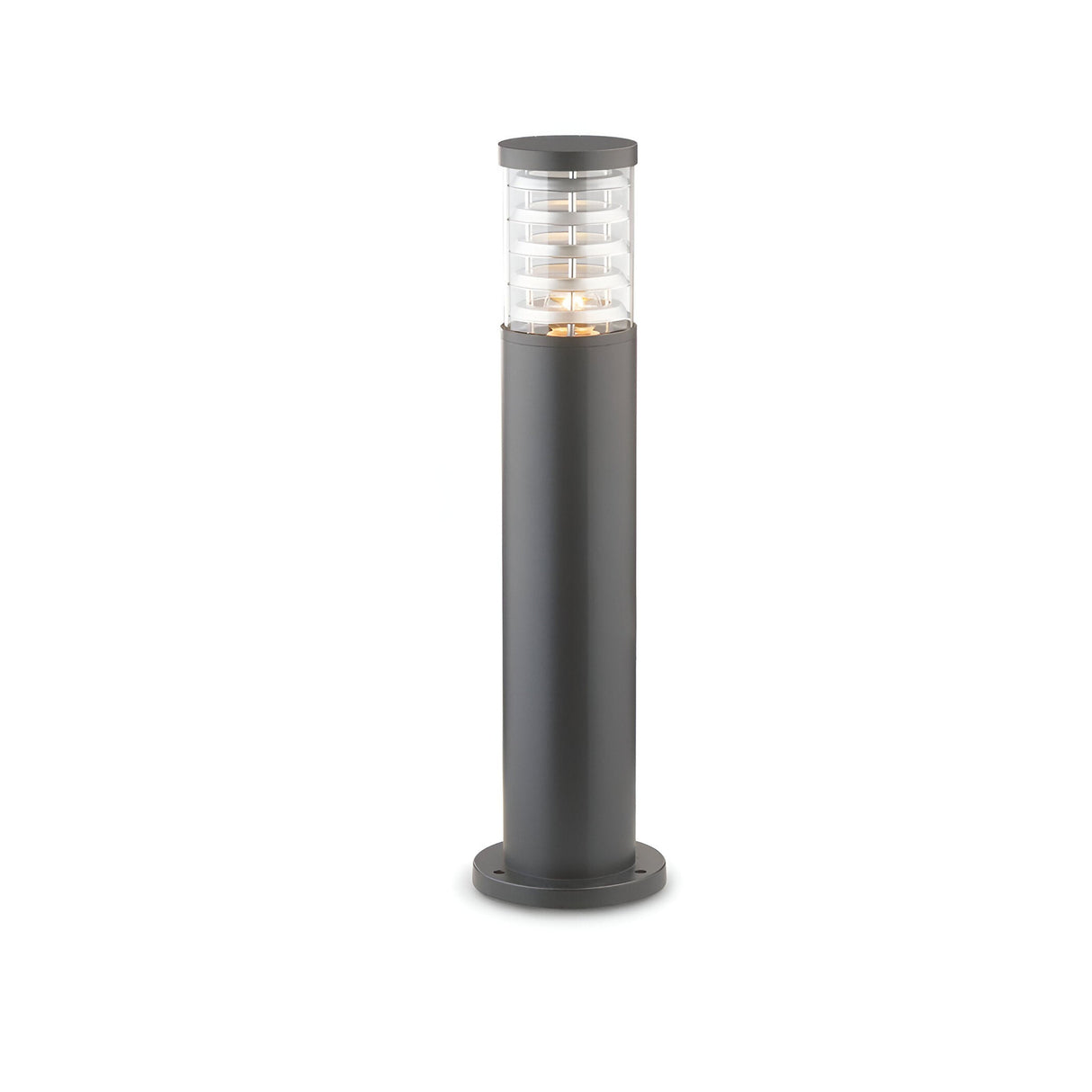 A contemporary Luminis Outdoor Bollard Light in anthracite, standing 40cm tall, showcases a modern cylindrical design with a clear glass top section that allows light to pass through. The sturdy wide base is ideal for outdoor lighting. The background is plain white.