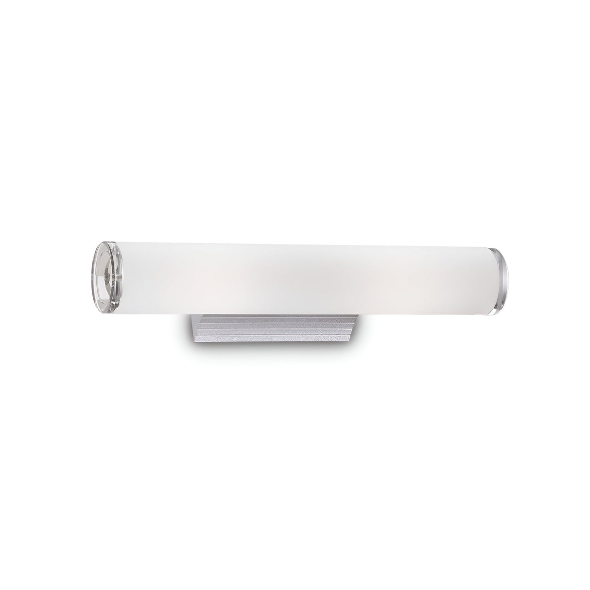 The Camerino 2 Light Wall Light - White is a sleek, modern design with a long cylindrical frosted glass shade and metallic base. This wall-mounted fixture emits a soft, even glow and is dimmable to complement any contemporary interior decor.