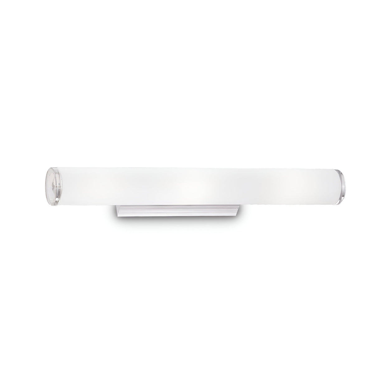 The Camerino 3 Light Wall Light - White is a minimalist cylindrical fixture with a frosted glass cover and a metal mounting bracket. This dimmable wall light offers diffused illumination, making it ideal for modern interior spaces such as bathrooms or hallways.