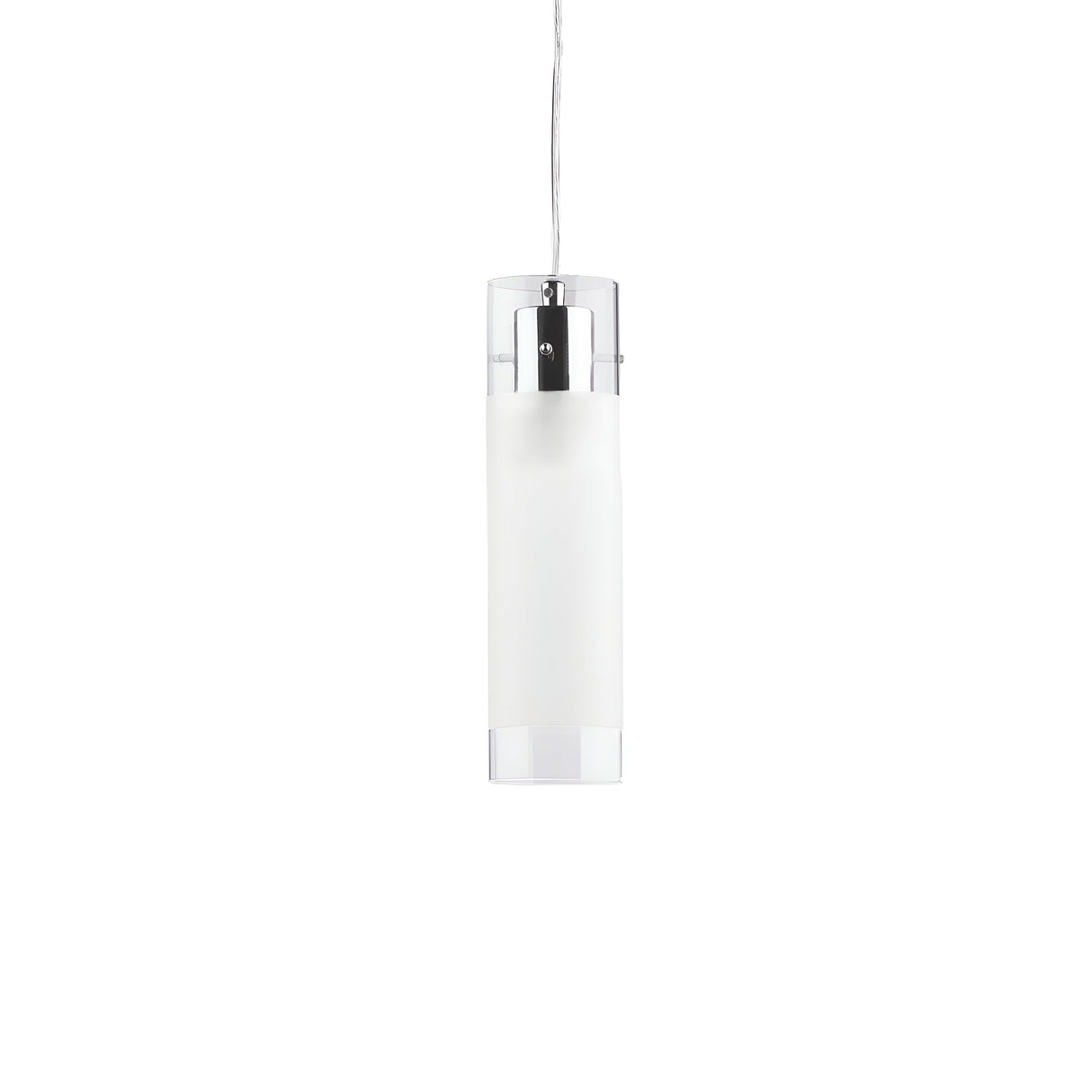 The Flam Small 1 Light Glass Pendant in white features a sleek cylindrical design with a frosted glass shade and chrome accents, elegantly suspended by a thin cord. This minimalist pendant is perfect for enhancing any contemporary space with its modern lighting aesthetic.