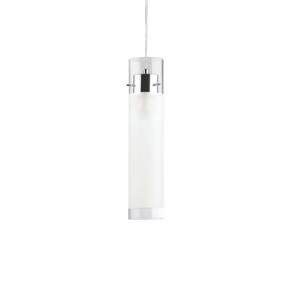 The Flam Large 1 Light Glass Pendant in white showcases a modern cylindrical design with frosted glass and sleek metallic details, making it ideal for minimalist decor. Suspended from a slim wire against a plain white backdrop, this pendant embodies contemporary elegance in modern lighting design.