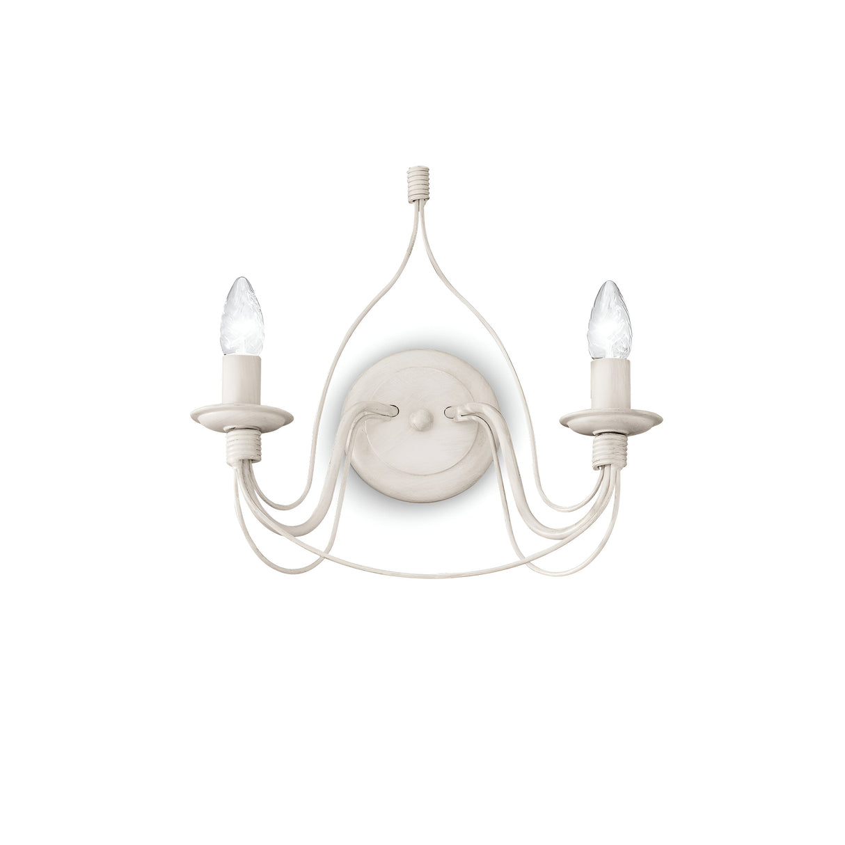 The Seraph 2 Light Wall Light - White features a vintage-style look with an artisanal metal frame and two candle-shaped bulbs. Its curved arms, mounted on a round base, and antique finish offer an elegant, old-fashioned charm to any space.