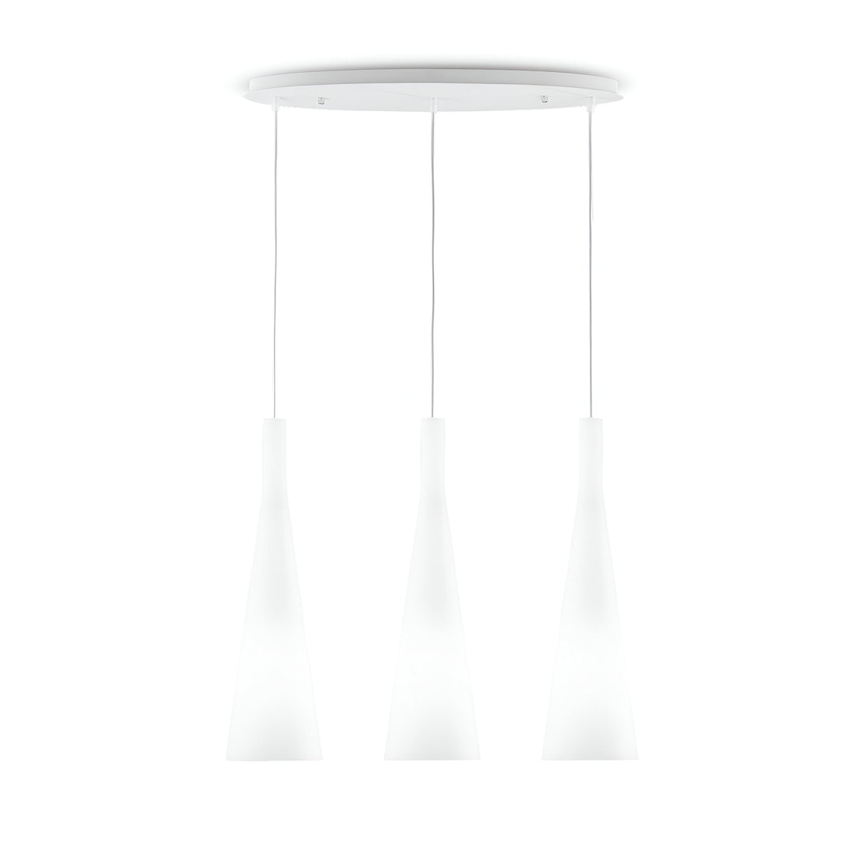 The Albedo 3 Light Bar Pendant - White showcases three modern, cone-shaped lights elegantly suspended from a round ceiling mount. With its minimalist design and equal suspension lengths, this pendant light adds a contemporary touch to any decor.