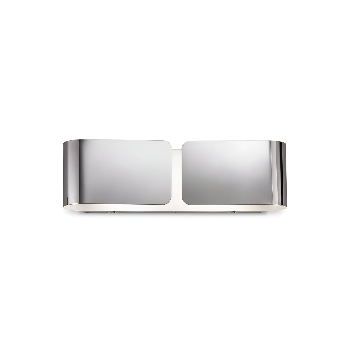 Introducing the Halox 2 Light Small Wall Light - Chrome, a modern lighting fixture with a minimalistic chrome design. This stylish wall light features a sleek rectangular shape with rounded edges and two reflective panels that enhance its contemporary elegance.